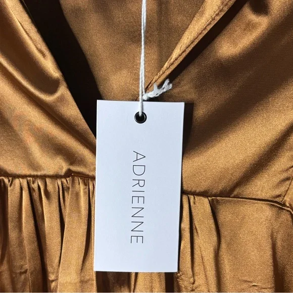 Adrienne Copper Shimmer Blouse S Metallic Satin V-Neck Stretch Top - Picture 8 of 11